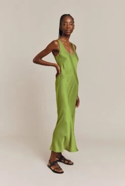 Palm Satin Slip Midi Dress Olive