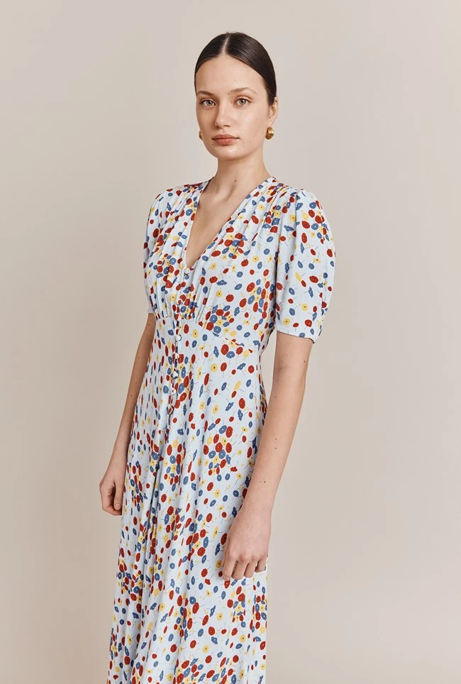 Lucy Satin Midi Dress Blue Umbrella Flowers 3 Lucy Satin Midi Dress Blue Umbrella Flowers