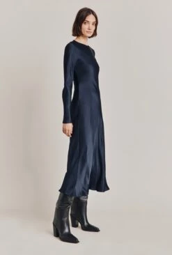 Mari Satin Midi Dress Navy