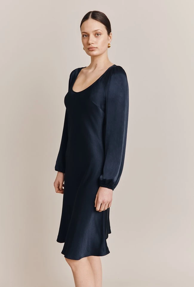 Josephine Satin Knee Length Dress Navy 4 Josephine Satin Knee Length Dress Navy - Image 2