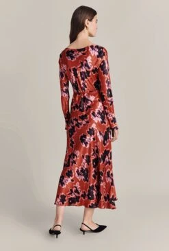 Christine Satin Midi Dress Rust Ikat Print -Ghost Fashion Store D07G025 Z74 29422 650px 964px