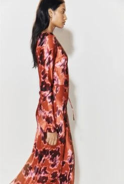 Christine Satin Midi Dress Rust Ikat Print -Ghost Fashion Store D07G025 Z74 29940 650px 964px
