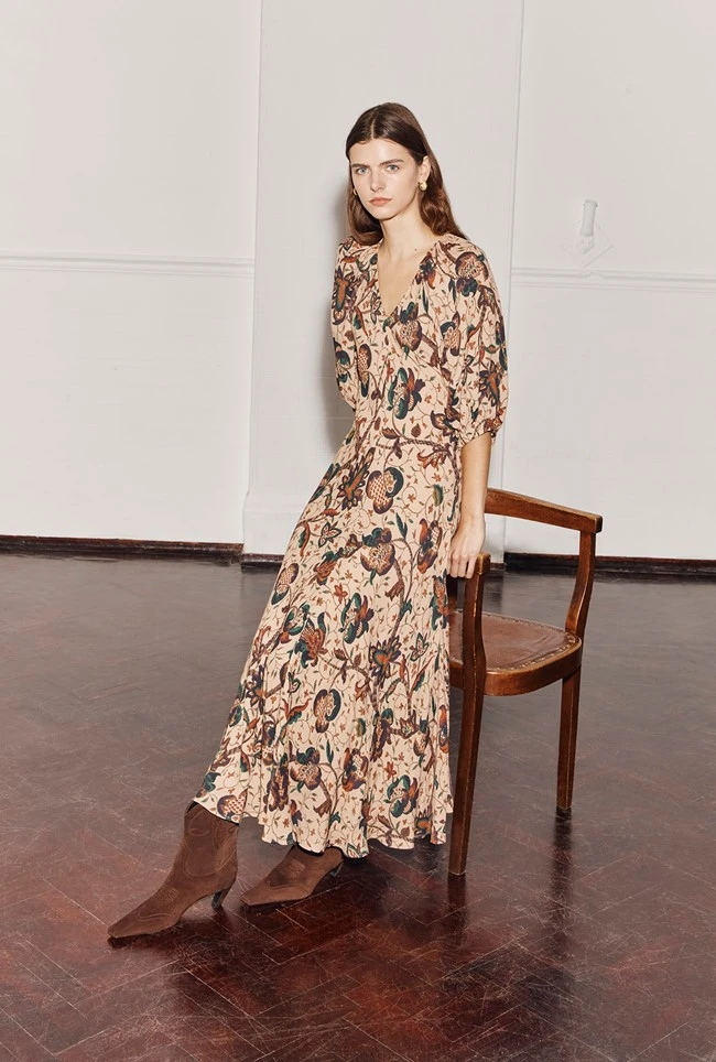 Dana Crepe Midi Dress Cream Jacobean Floral 3 Dana Crepe Midi Dress Cream Jacobean Floral