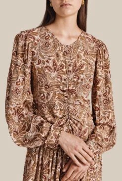 Ava Crepe Midi Dress Khaki Paisley -Ghost Fashion Store D07G042 Z02 29615 650px 964px