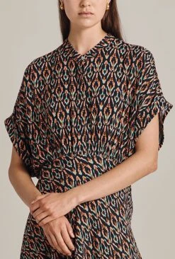 Harriet Crepe Midi Dress Black Soft Ikat -Ghost Fashion Store D07G044 Z07 29286 650px 964px