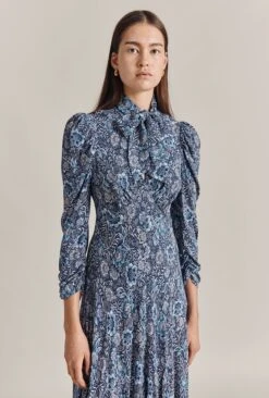 Erin Crepe Midi Dress Blue Batik Bloom