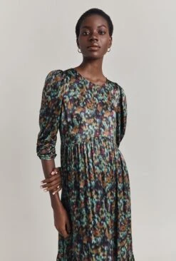 Maya Tiered Satin Midi Dress Green Ikat -Ghost Fashion Store D07G054 Z76 29848 650px 964px