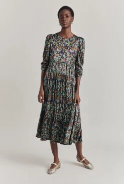 Maya Tiered Satin Midi Dress Green Ikat -Ghost Fashion Store D07G054 Z76 29849 650px 964px