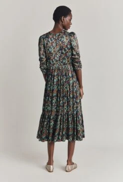 Maya Tiered Satin Midi Dress Green Ikat -Ghost Fashion Store D07G054 Z76 29850 650px 964px