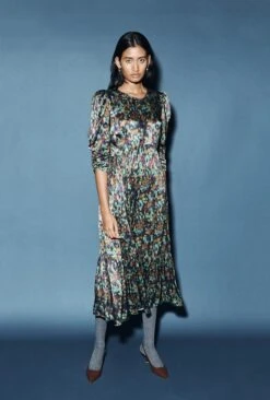 Maya Tiered Satin Midi Dress Green Ikat -Ghost Fashion Store D07G054 Z76 29998 650px 964px