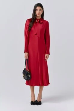 Stephanie Satin Tie Neck Midi Dress