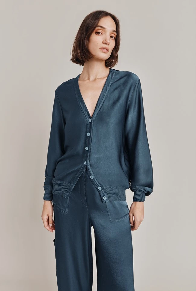 Mia Satin Bomber Jacket Dark Denim 3 Mia Satin Bomber Jacket Dark Denim