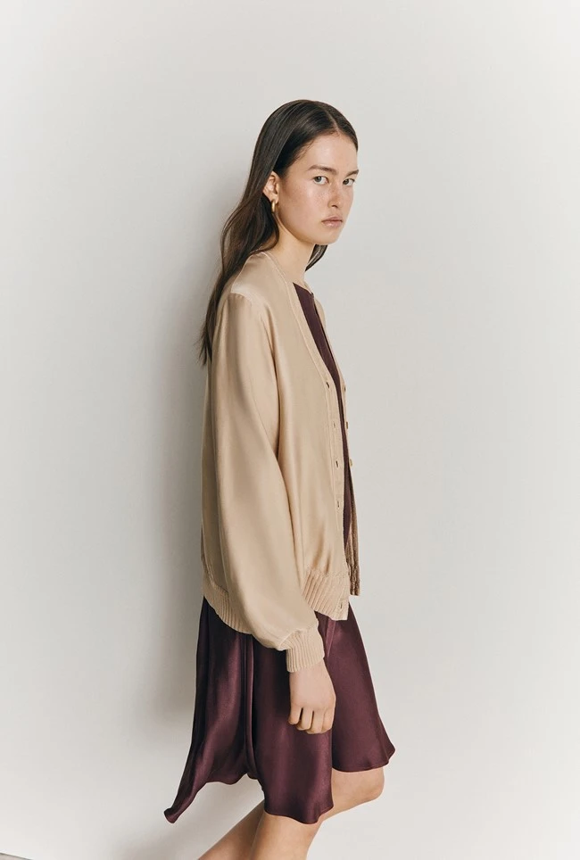 Mia Satin Bomber Jacket Stone 4 Mia Satin Bomber Jacket Stone - Image 2