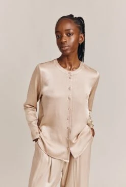 Efie Satin Long Sleeve Blouse Stone -Ghost Fashion Store Q06G010 N04 26767 650px 964px