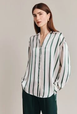 Amy Satin Long Sleeve Shirt Green Stripe -Ghost Fashion Store Q07G009 Z80 28831 650px 964px
