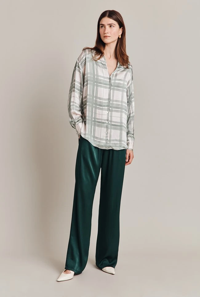 Amy Satin Long Sleeve Shirt Green Check 5 Amy Satin Long Sleeve Shirt Green Check - Image 3