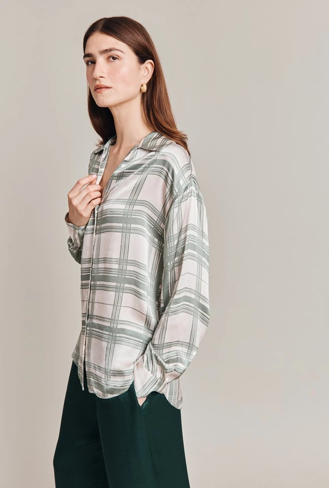 Amy Satin Long Sleeve Shirt Green Check 6 Amy Satin Long Sleeve Shirt Green Check - Image 4