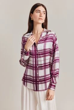 Amy Satin Long Sleeve Shirt Purple Check -Ghost Fashion Store Q07G009 Z84 28851 650px 964px