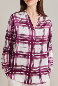 Amy Satin Long Sleeve Shirt Purple Check -Ghost Fashion Store Q07G009 Z84 28994 650px 964px