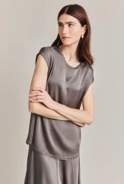 Melody Satin Short Sleeve Top Grey -Ghost Fashion Store Q07G019 B03 28880 650px 964px