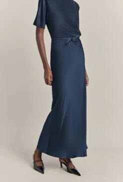 Emma Satin Midi Skirt Navy